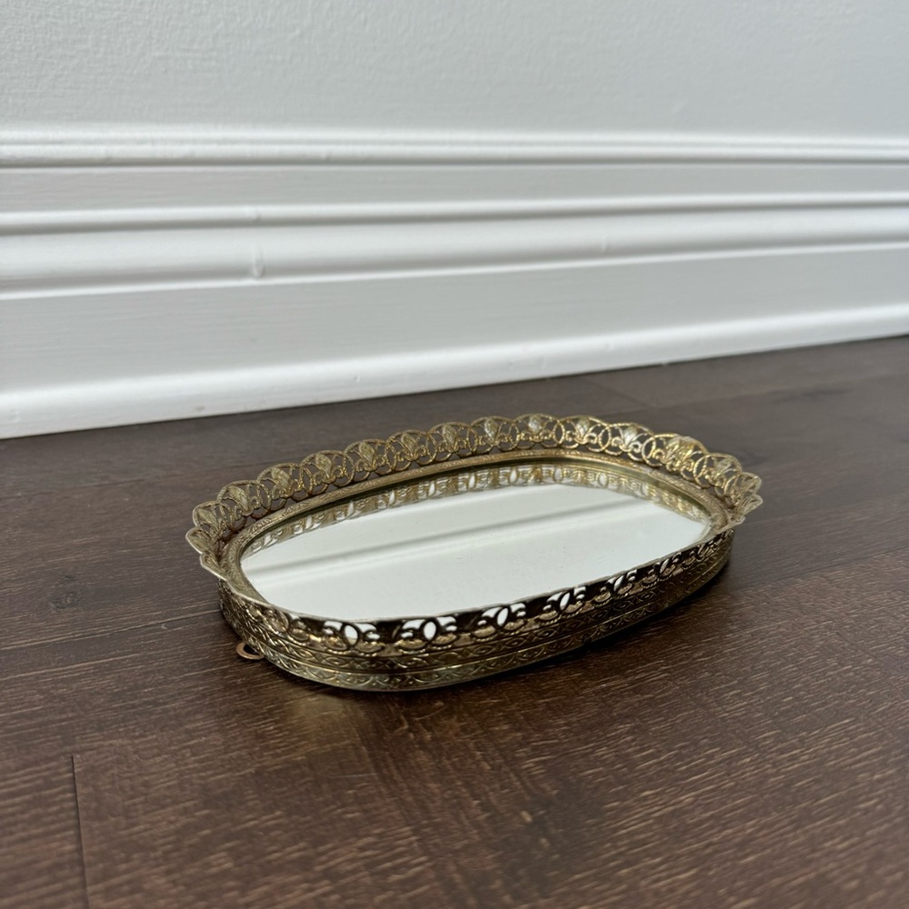 Vintage French Gold Metal Small Rounded Rectangle Vanity Tray Catchall w/ Mirror